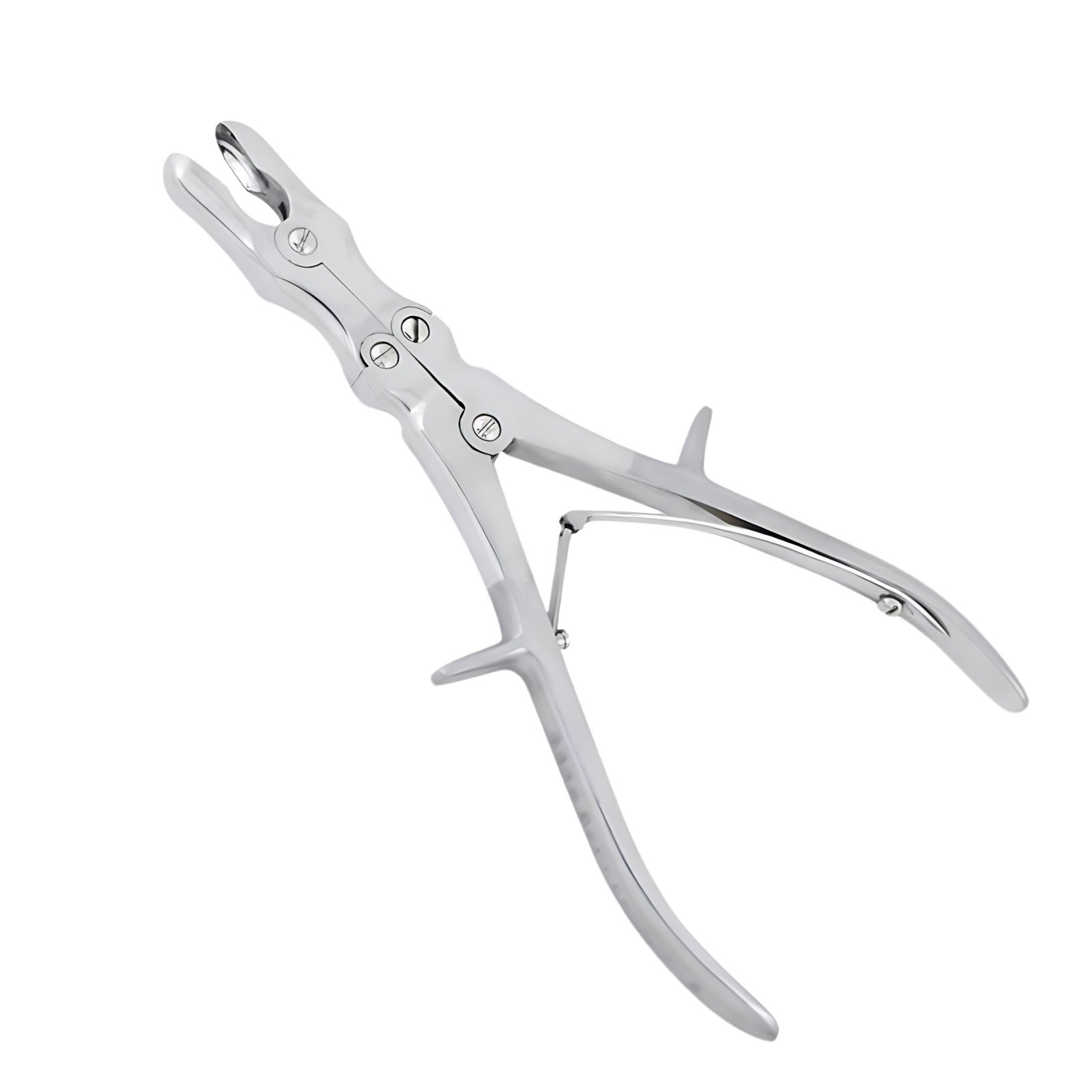 Medical-grade stainless steel multi-joint surgical bone rongeur with scoop-shaped jaws for heavy-duty orthopedic bone nibbling.