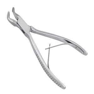 Medical-grade stainless steel double-action surgical bone rongeur with angled, sharp scoop jaws for orthopedic bone nibbling.