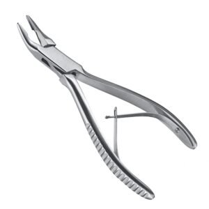 Medical-grade stainless steel double-action surgical bone cutting forceps with curved sharp jaws for precise orthopedic bone resection.