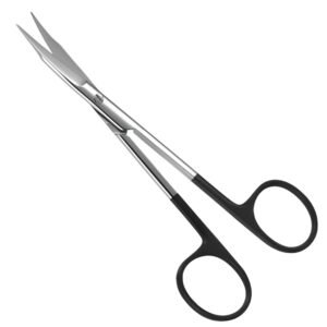Medical-grade stainless steel curved Iris scissors featuring fine sharp/sharp tips and ergonomic black-coated finger ring handles, isolated on a white background.