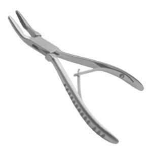 Medical-grade stainless steel double-action surgical bone cutting forceps with curved sharp jaws for precise orthopedic bone resection.