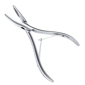 Stainless steel bone rongeur with double-spring handle and curved tips for orthopedic surgery.