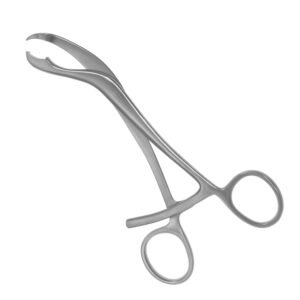 Medical-grade stainless steel Verbrugge bone holding forceps with curved serrated jaws and a speed lock mechanism for orthopedic bone fixation surgeries.