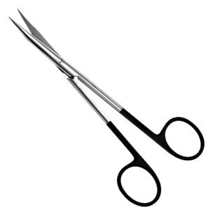 Medical-grade stainless steel straight Iris scissors featuring fine, needle-sharp tips and ergonomic black-coated finger ring handles, isolated on a white background.