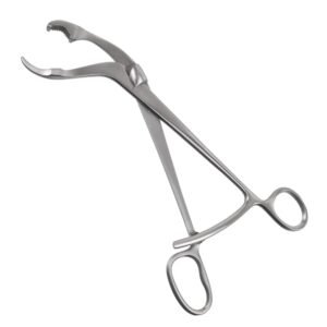 Medical-grade stainless steel Verbrugge bone holding forceps featuring an adjustable swivel jaw, a serrated curved tip, and a speed lock ratchet mechanism for orthopedic surgeries.