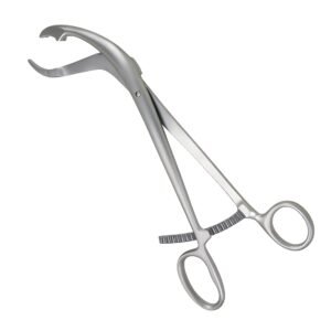 Medical-grade stainless steel Verbrugge bone holding forceps featuring a wide curved jaw design, serrated tips, and a notched ratchet speed lock mechanism for orthopedic fracture fixation.