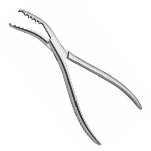 Medical-grade stainless steel Dingman bone holding forceps featuring aggressively serrated jaw teeth and a plier-grip handle for orthopedic bone fragment stabilization.