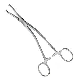 Medical-grade stainless steel Lane bone holding forceps featuring curved serrated jaws with sharp terminal hooks and a multi-position ratchet lock.