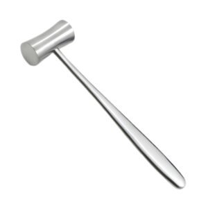 Medical-grade stainless steel surgical mallet featuring a solid, smooth handle and a dual-sided cylindrical striking head with flat faces, isolated on a white background.