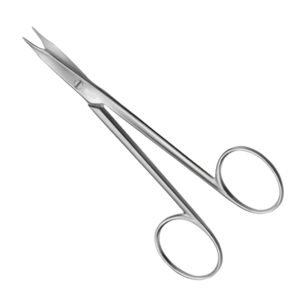 Medical-grade stainless steel Spencer stitch scissors featuring a straight profile with a small hook-tipped blade for suture removal, isolated on a white background.