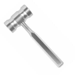 Medical-grade stainless steel orthopedic surgical mallet featuring a dual-sided cylindrical head and an ergonomic handle with textured diamond knurling, isolated on a white background.
