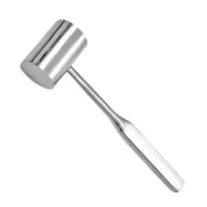 Medical-grade stainless steel surgical mallet featuring a dual-sided heavy cylindrical head and a solid ergonomic handle with flat sides, isolated on a white background.