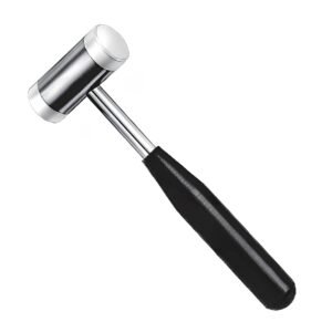 Medical-grade stainless steel surgical mallet featuring a dual-sided cylindrical striking head with smooth protective caps and an ergonomic black phenolic handle grip, isolated on a white background.