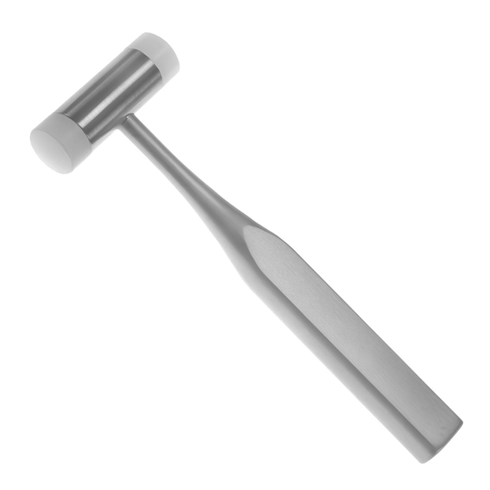 Medical-grade stainless steel surgical mallet featuring white nylon striking faces on a cylindrical head and a solid ergonomic handle with flat facets, isolated on a white background.