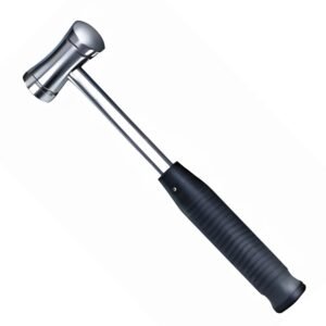 Surgical stainless steel mallet featuring a flared cylindrical striking head and an ergonomic black handle with non-slip ribbed horizontal rings, isolated on a white background.