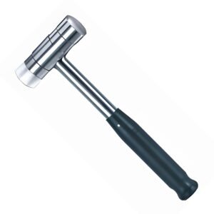 Surgical stainless steel mallet featuring white nylon striking faces on a cylindrical head and an ergonomic black composite handle grip, isolated on a white background.