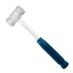Surgical stainless steel mallet featuring a contoured cylindrical striking head and an ergonomic blue handle with non-slip ribbed horizontal rings, isolated on a white background.