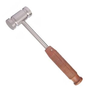 Surgical stainless steel mallet featuring a contoured cylindrical striking head and an ergonomic brown wooden handle with non-slip ribbed horizontal rings, isolated on a white background.