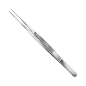 Straight Semken dressing forceps with narrow, finely serrated tips and a corrugated ribbed handle grip, crafted from surgical stainless steel and shown in 25.jpg.
