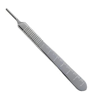 A high-quality stainless steel surgical scalpel handle with a ribbed grip and engraved measuring scale, isolated on a white background.