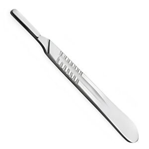 High-angle shot of a polished stainless steel surgical scalpel handle isolated on a clean white background, as seen in 253.jpg.
