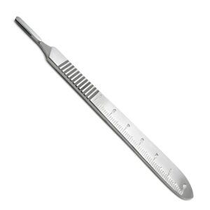 A professional stainless steel scalpel handle with a ribbed grip and an engraved centimeter measuring scale on the body, isolated on a white background.