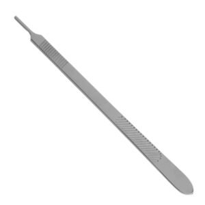 A long, professional-grade stainless steel surgical scalpel handle with a dual-section ribbed grip on a white background, as seen in 257.jpg.