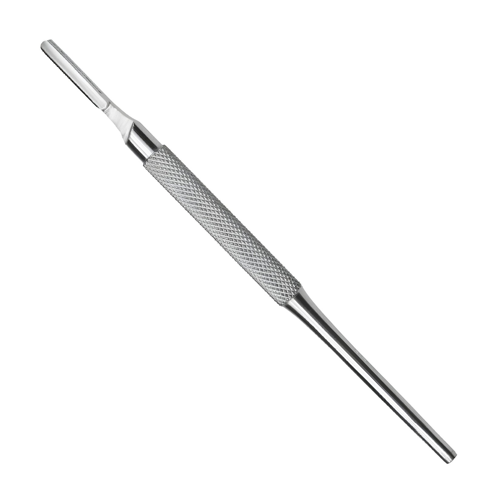 A professional round-handle stainless steel surgical scalpel with a textured diamond knurled pattern on the grip, isolated on a white background, as pictured in 259.jpg.