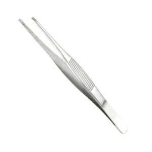 Surgical straight dressing forceps featuring a ribbed thumb grip and finely serrated inner jaws made of medical-grade stainless steel.