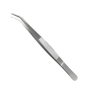 London College dental tweezers with angled serrated tips and a ribbed ergonomic handle made of high-grade surgical stainless steel.