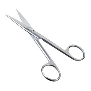Medical-grade stainless steel straight operating scissors featuring dual sharp-pointed blades and a smooth screw joint, isolated on a white background.