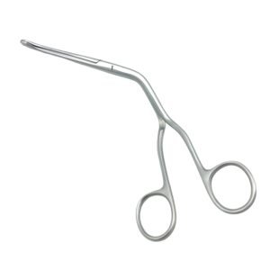 Hartmann nasal dressing forceps featuring a bayonet-shaped shank, slender straight jaws, and a ring handle made of premium surgical stainless steel.