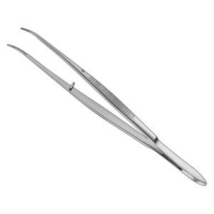 Meriam pattern dental tweezers with slender curved serrated tips and a ribbed handle made of premium surgical stainless steel.