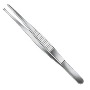 Standard surgical tissue forceps featuring 1x2 interlocking teeth at the tips and a corrugated ribbed handle grip, crafted from surgical stainless steel and shown in 31.jpg.