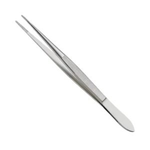 Standard straight surgical dressing forceps with flat, serrated tips and a ribbed thumb grip handle made of high-polish stainless steel.