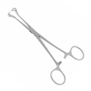 A pair of stainless steel Pozzi Uterine Tenaculum Forceps featuring curved inward prongs, a box lock joint, and ring handles with a ratchet mechanism, isolated on a white background, as seen in 38.jpg.