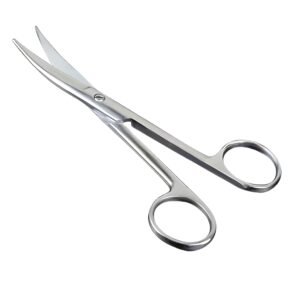 Medical-grade stainless steel curved operating scissors featuring dual sharp-pointed blades and a polished pivot screw joint, isolated on a white background.