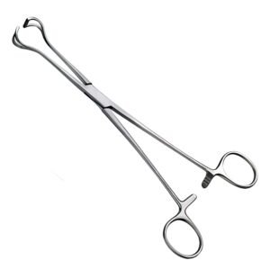Medical-grade stainless steel Pozzi Uterine Tenaculum Forceps featuring sharp inward-curving tips, a rigid box lock joint, and ring handles with a ratchet lock mechanism, isolated on a white background, as pictured in 40.jpg.