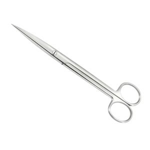 Medical-grade stainless steel straight Mayo scissors featuring robust blades with dual sharp-pointed tips and a secure screw joint, isolated on a white background.
