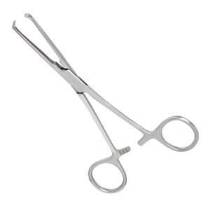 Medical-grade Lane Tissue Forceps with curved serrated tips and ring handles, isolated on a clean white background.