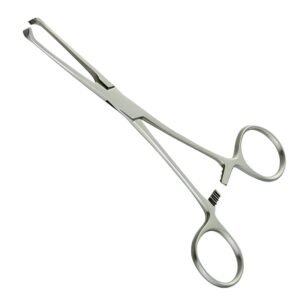 Surgical-grade Lane Tissue Forceps with inward-curved serrated tips and ring handle locking system, isolated on a solid white background.