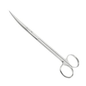 Medical-grade stainless steel curved Mayo scissors featuring robust blades with dual sharp-pointed tips and a secure screw joint, isolated on a white background.