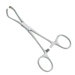 Medical-grade stainless steel Lorna towel clamp featuring inwardly curved jaws with fine inner serrations and a multi-position ratchet lock, isolated on a white background.