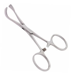Surgical-grade stainless steel Lorna towel clamp featuring curved jaws with wide serrated tips and an integrated ratchet lock mechanism, isolated on a white background.