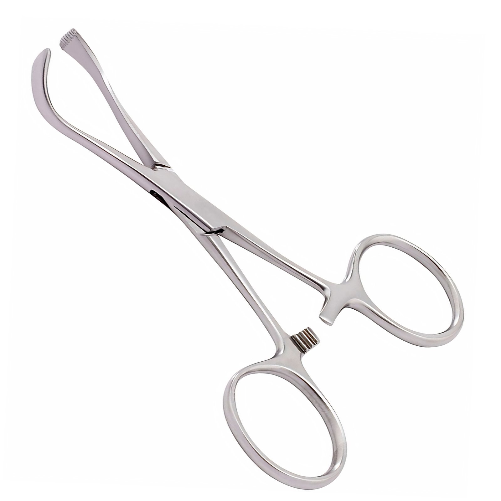 Surgical-grade stainless steel Lorna towel clamp featuring curved jaws with wide serrated tips and an integrated ratchet lock mechanism, isolated on a white background.
