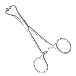 Surgical-grade stainless steel ball and socket towel clamp with spherical tips and a locking ratchet mechanism, isolated on a white background.