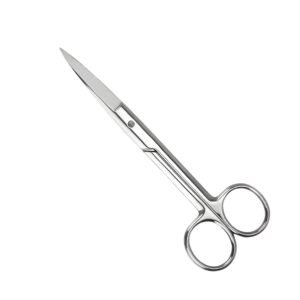 Medical-grade stainless steel straight operating scissors featuring a sharp/blunt tip configuration and a polished screw pivot joint, isolated on a white background.