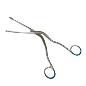 Pelkmann cotton forceps featuring an S-curved shank, spoon-shaped serrated jaws, and blue color-coated finger ring loops, made of high-grade surgical stainless steel as pictured in 7.jpg.