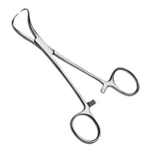 High-grade stainless steel Backhaus towel clamp with sharp, curved tips and a locking ratchet mechanism, isolated on a white background.