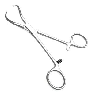 Medical-grade stainless steel Backhaus towel clamp with sharp, inward-curving jaws and an interlocking ratchet lock, isolated on a white background.